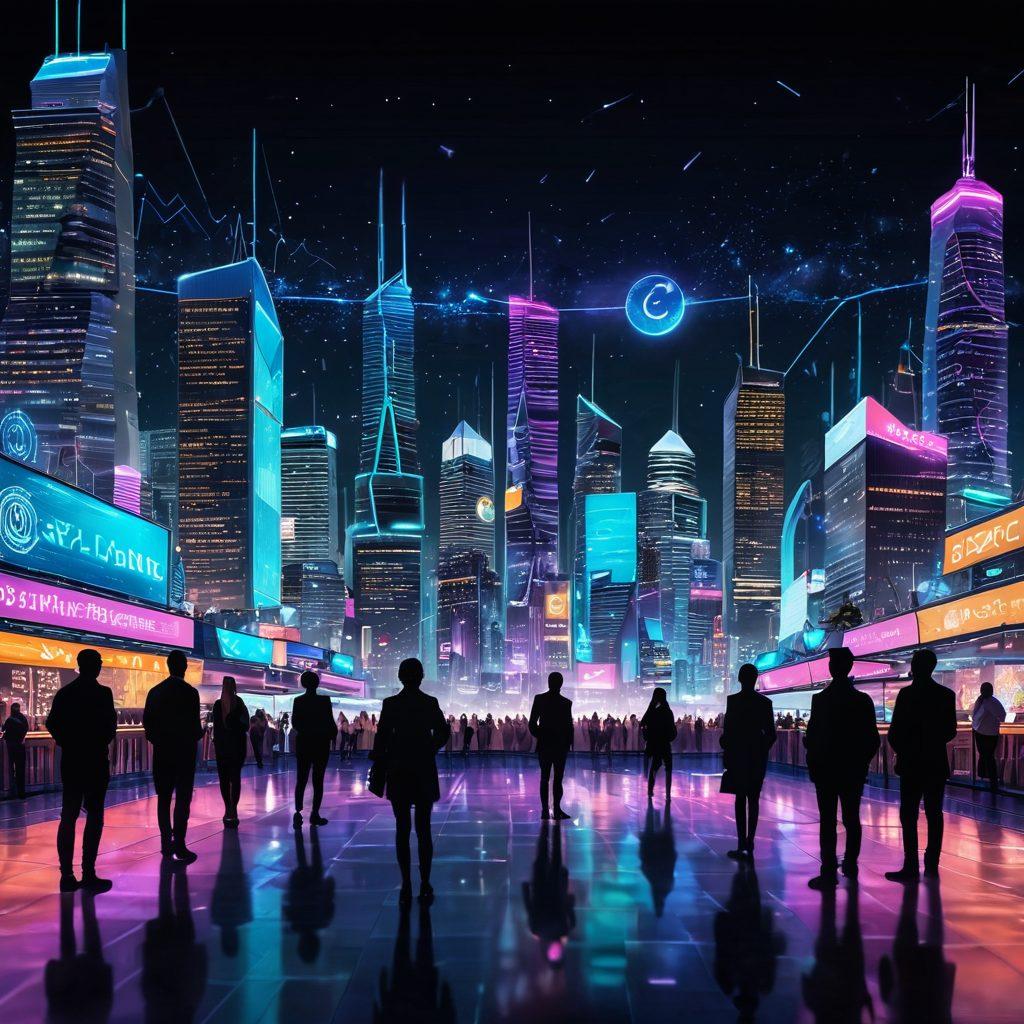 A futuristic city skyline with bright neon lights representing digital currencies, surrounded by floating holographic charts and graphs. A diverse group of people exploring a bustling market filled with cryptocurrency exchange kiosks and innovative technology displays. The mood is optimistic, showcasing the potential and excitement of finance in the digital age. backdrop of a starry night sky. cyberpunk. vibrant colors.