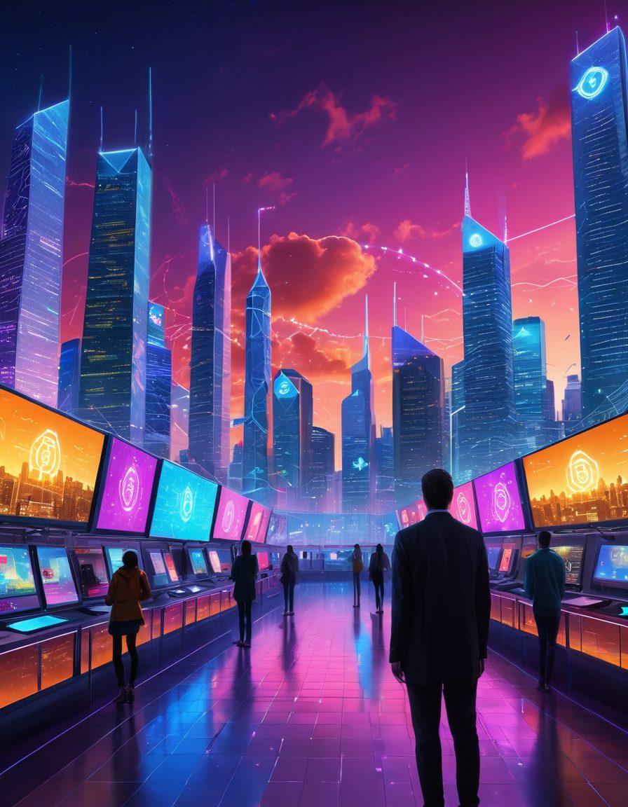 A futuristic city skyline with digital screens displaying blockchain graphics, currency symbols, and decentralized finance networks. In the foreground, diverse people interacting with holographic displays of digital currencies and blockchain ledgers. The scene is illuminated by vibrant neon colors, emphasizing technology and innovation. Include circuit patterns in the sky and a blend of nature with technology in the environment. cyberpunk. vibrant colors. super-realistic.