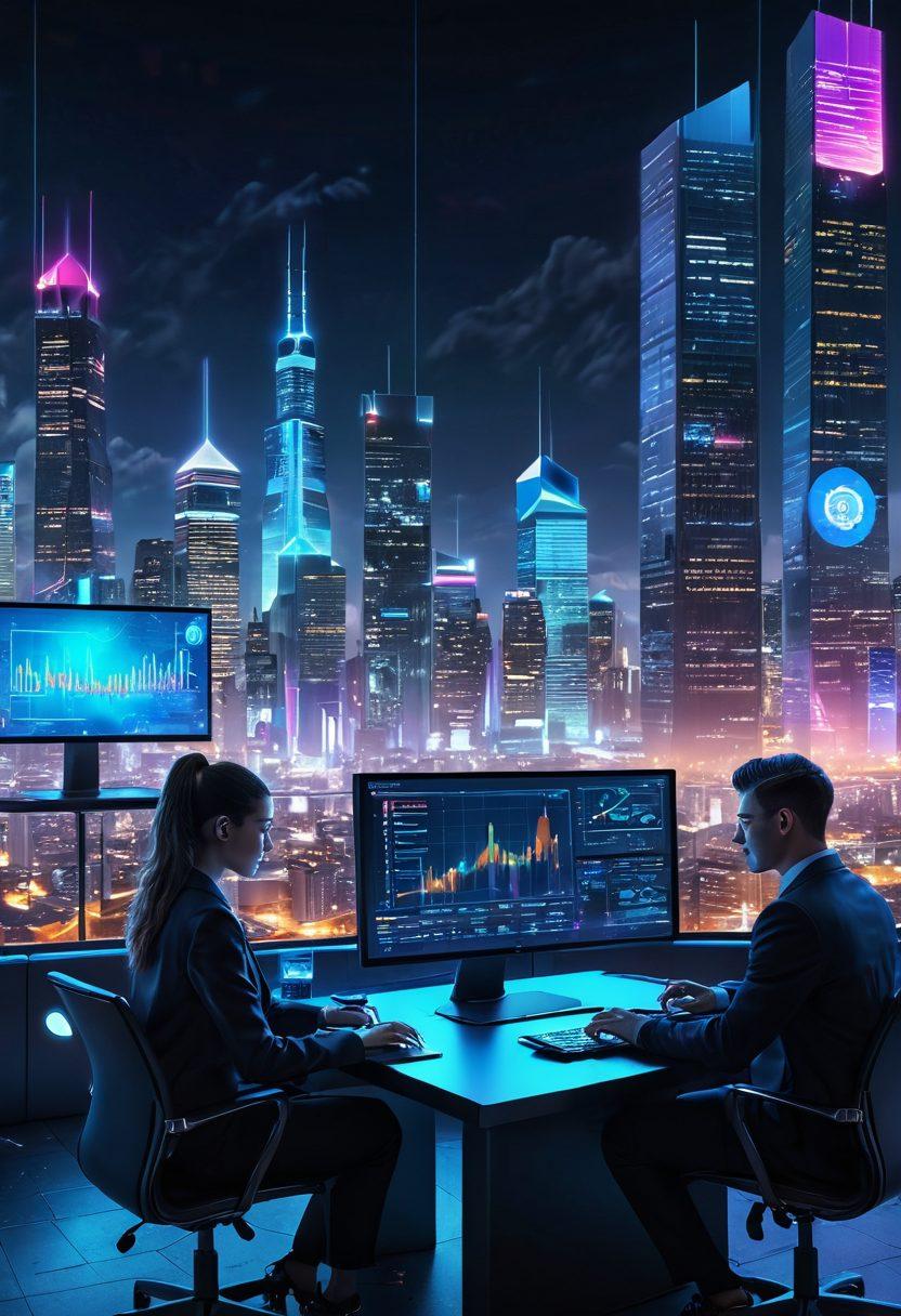 A dynamic landscape depicting a futuristic city skyline with digital cryptocurrency symbols illuminating the buildings. In the foreground, a diverse group of traders, including a female trader with a laptop and a male trader analyzing charts, convey collaboration and strategy. The sky is alive with vibrant holographic displays of fluctuating coin values and pie charts, symbolizing investment growth. The scene is set at dusk with a glowing tech-inspired atmosphere. cyberpunk. vibrant colors. 3D.